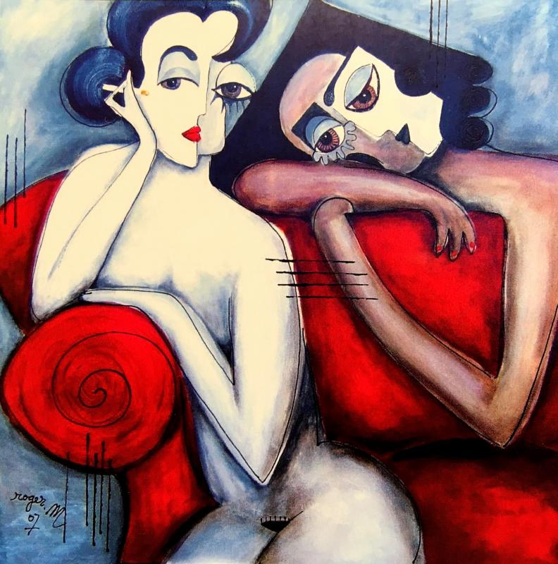 2007 femmes sur canape rouge 100 x 100 acrylique sur toile