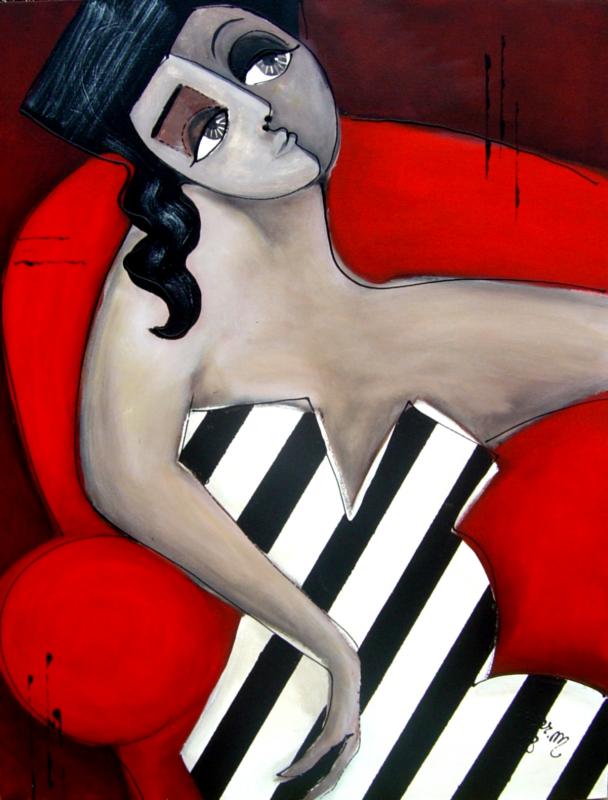 2008 femme aux rayures sur canape rouge acrylique sur toile